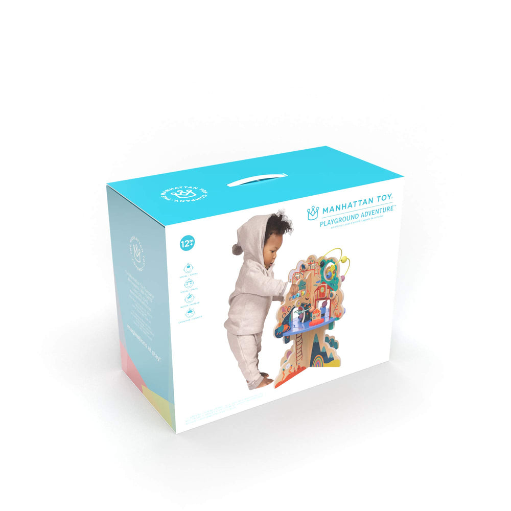 Manhattan Toy Playground Adventure wooden activity center showcases playground imagery for engaging discovery.