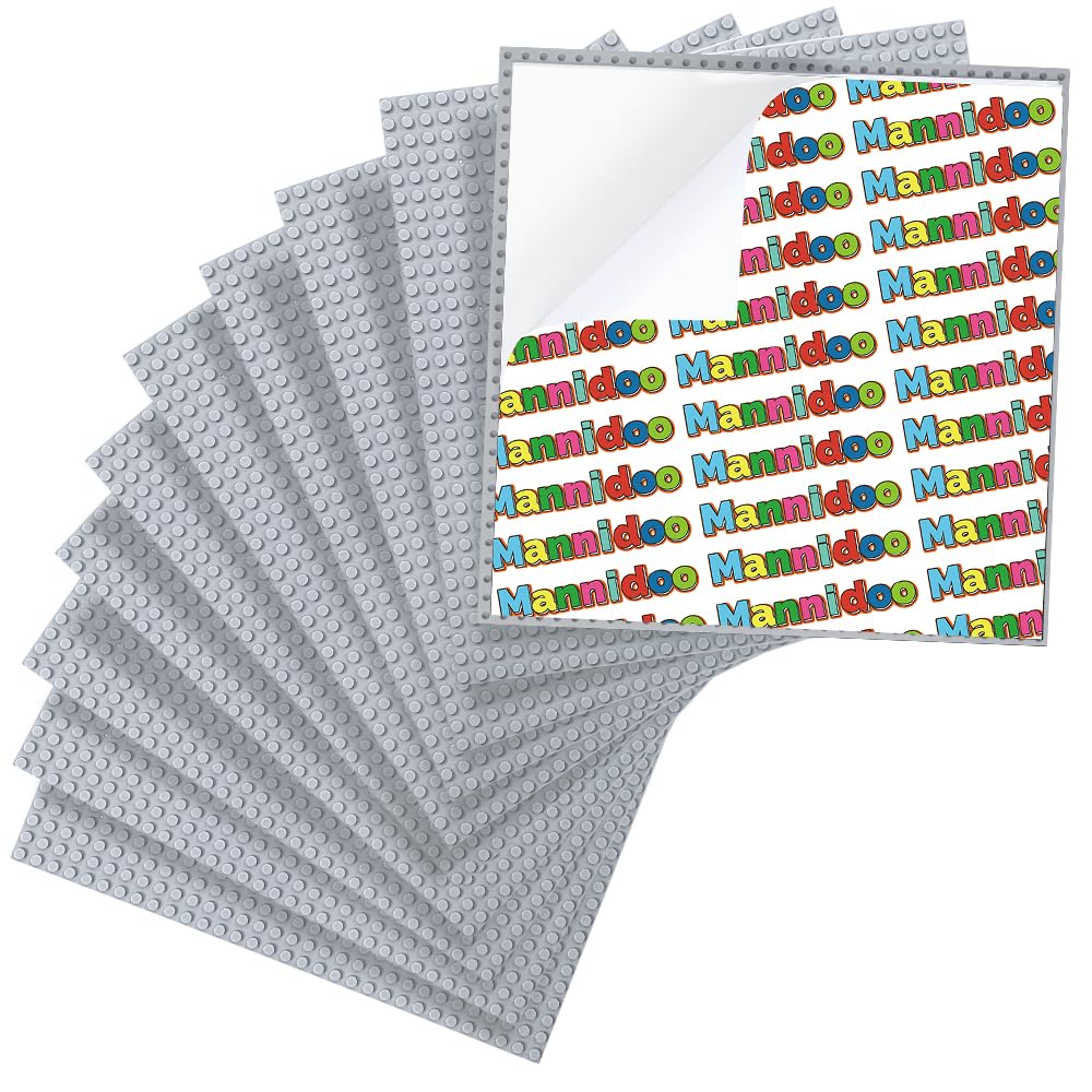 Mannidoo peel-and-stick baseplates light grey offer easy 10x10 play surfaces.