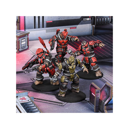 Mantic Banished Jiralhanae mercenary miniature in dynamic pose for immersive battles.