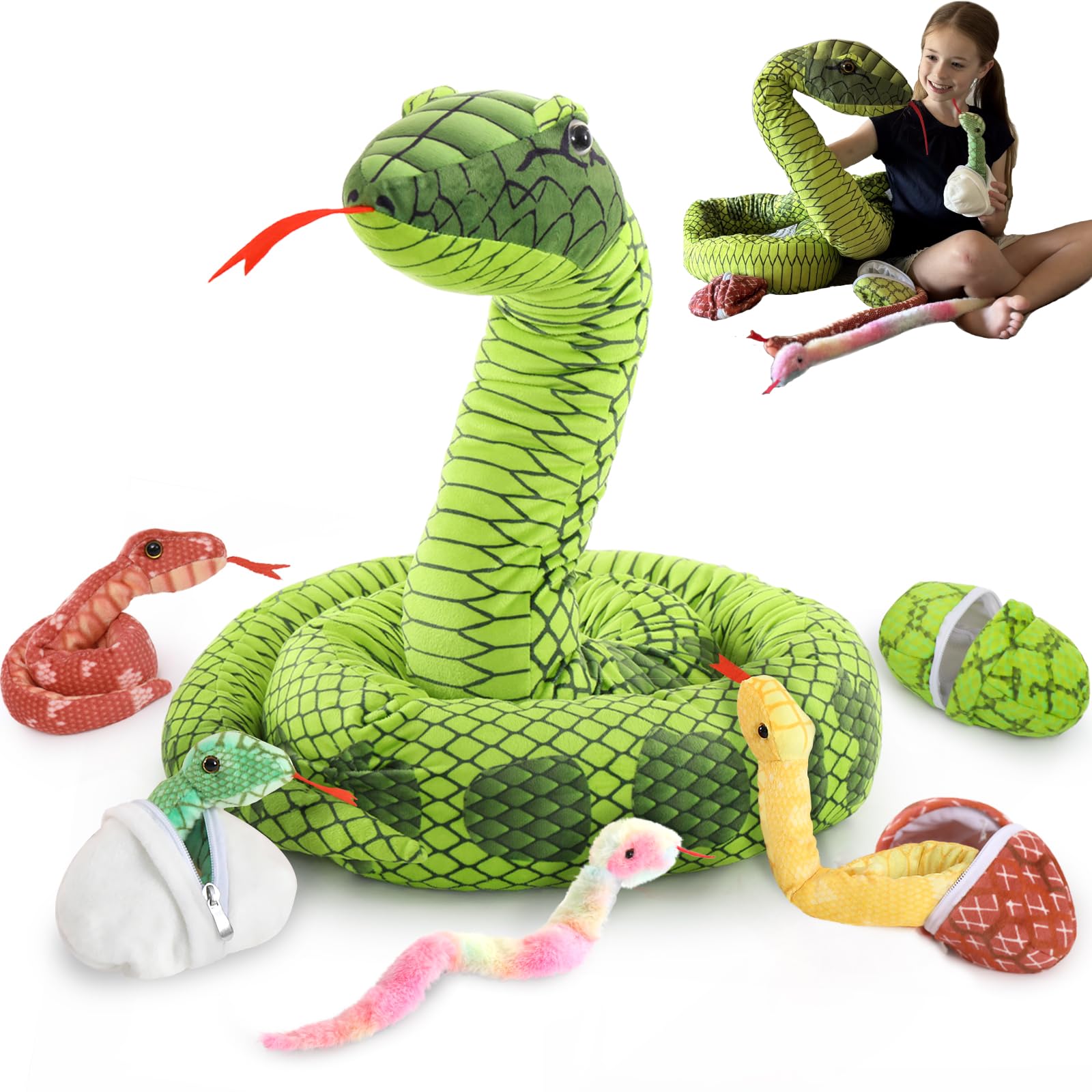 MaoGoLan 118-inch giant green snake mommy for cozy hugs and imaginative play.