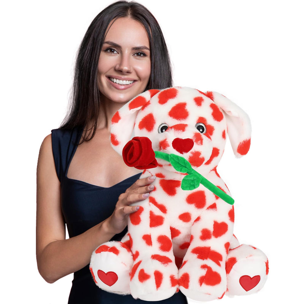 MaoGoLan 18-inch plush dog with red rose, ideal Valentine’s gift and keepsake.