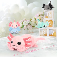 Pink axolotl plush adds playful charm to any kid's room.