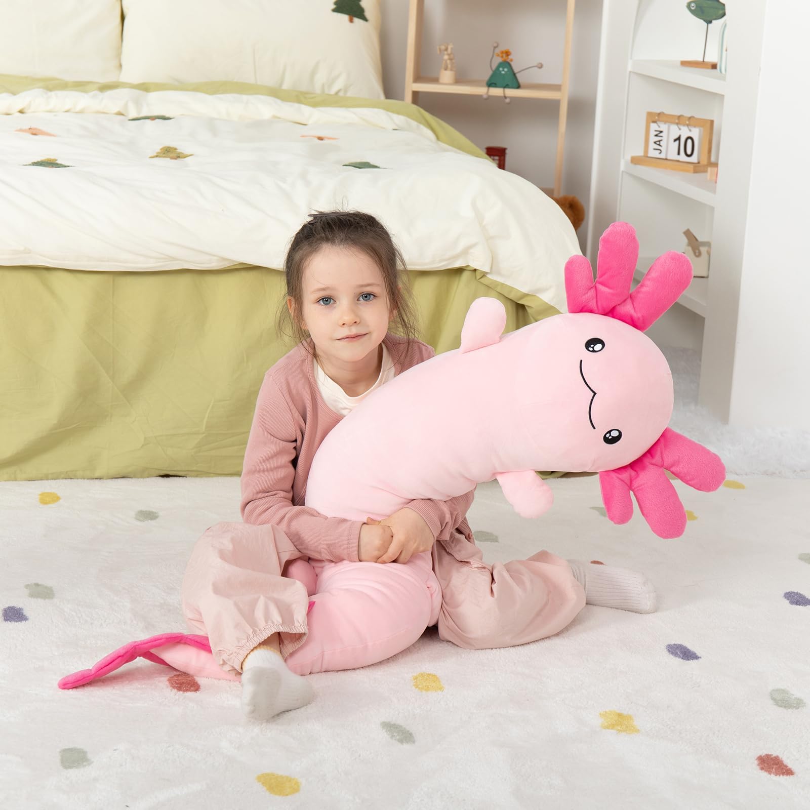 MaoGoLan axolotl plush with embroidered smile brightens room