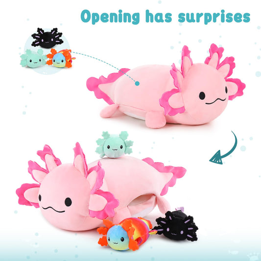 MaoGoLan axolotl plush three babies inside inspires imaginative play.