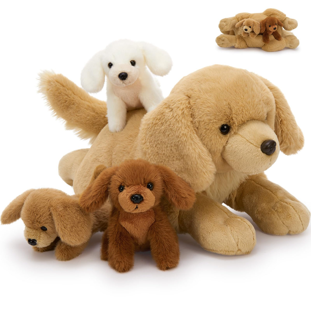 MaoGoLan mama dog plush with three puppies for cozy family playtime.