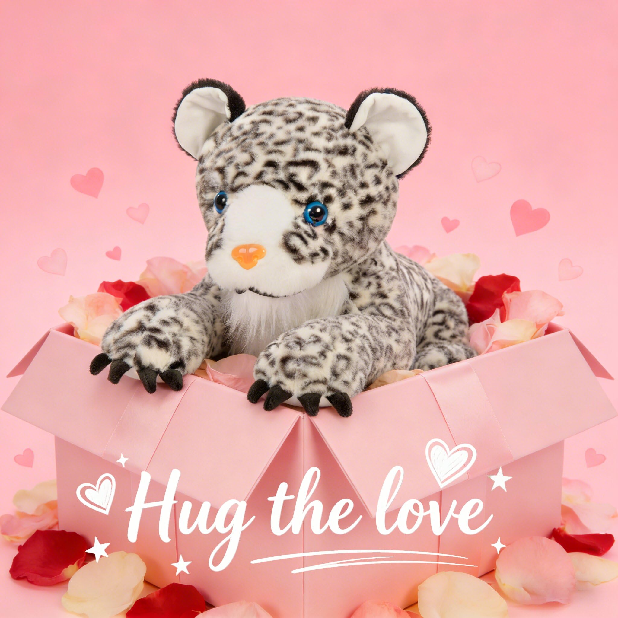 MaoGoLan snow leopard plush lying pose illustrates rideable jumbo size for imaginative adventures.