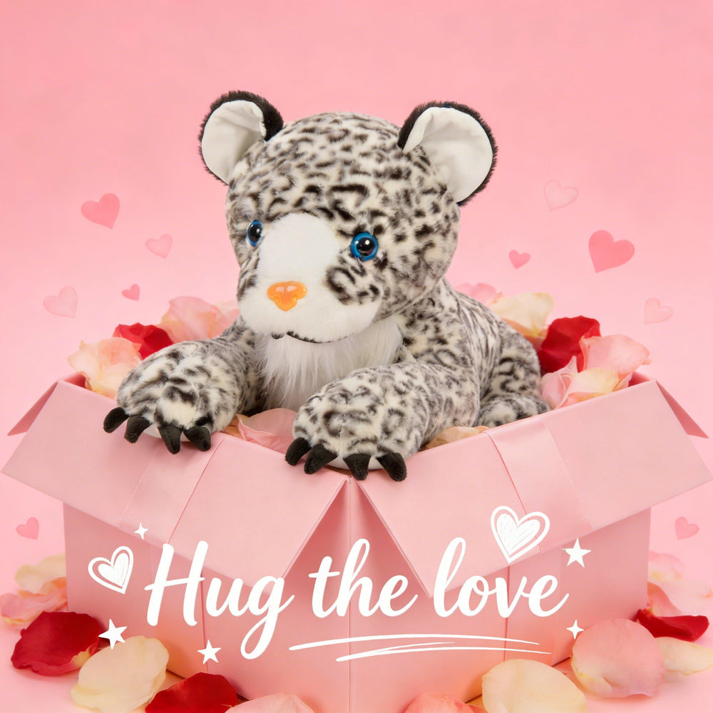 MaoGoLan snow leopard plush lying pose illustrates rideable jumbo size for imaginative adventures.