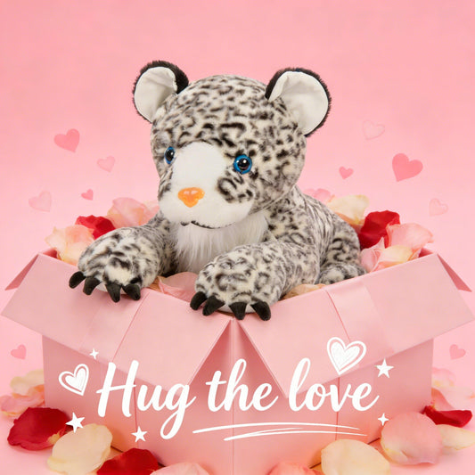 MaoGoLan snow leopard plush lying pose illustrates rideable jumbo size for imaginative adventures.