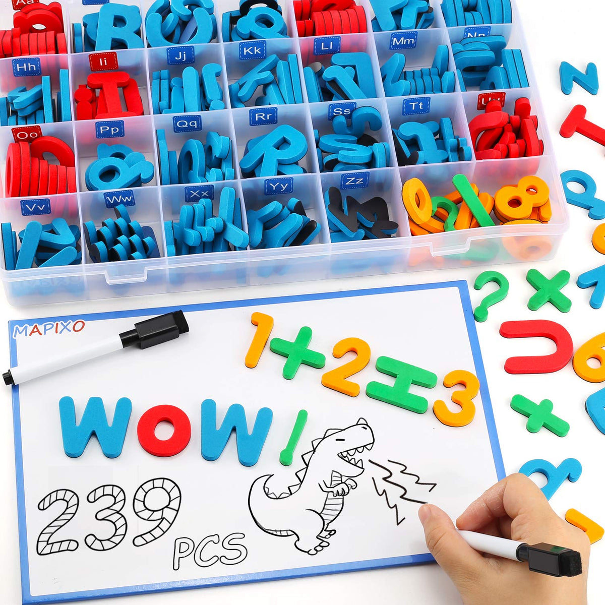 Mapixo 235-piece magnetic letter set on board for engaging spelling practice.