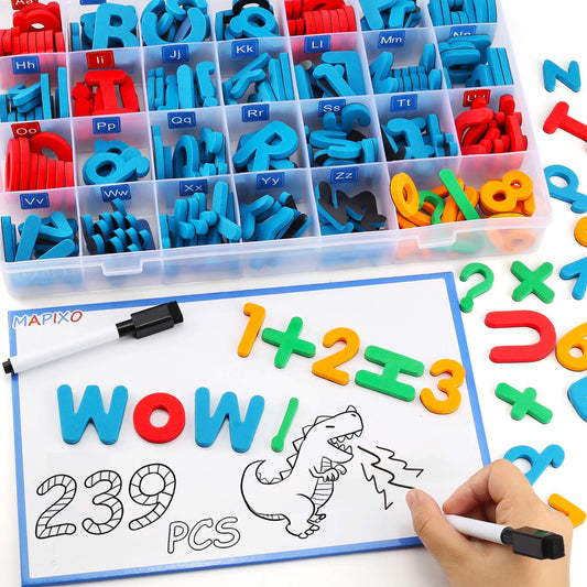 Mapixo 235-piece magnetic letter set on board for engaging spelling practice.
