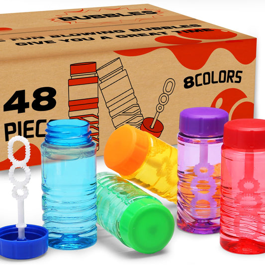 Mapixo 48-pack bubble bottles with wand-cap for mess-free outdoor play.