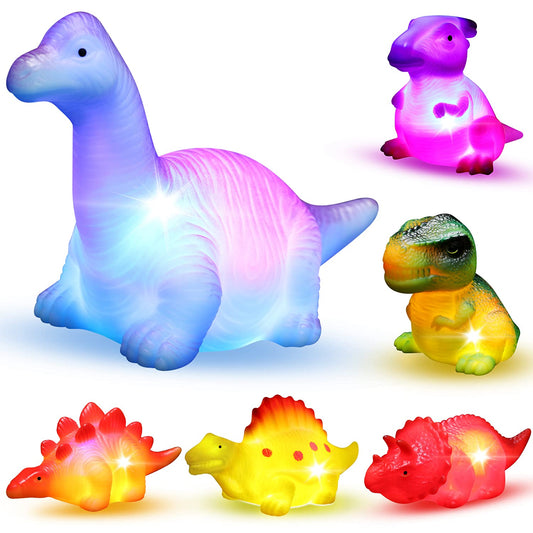 Mapixo 6-pack light-up dinosaur bath toys for colorful bath play.