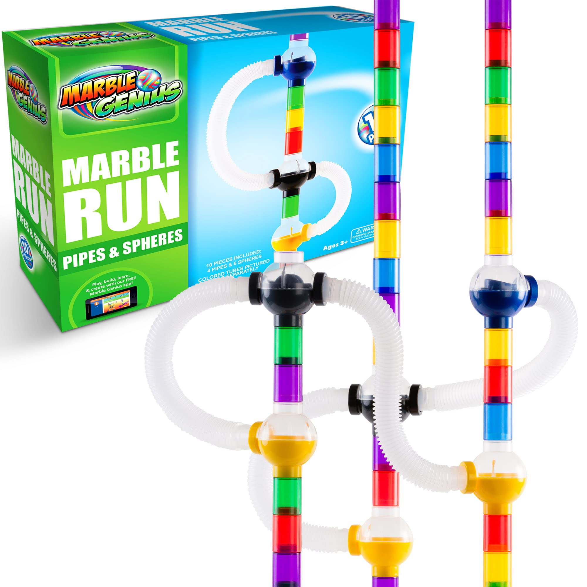 Marble Genius 10-piece accessory set with customizable tracks for endless marble runs.