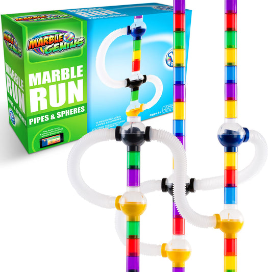 Marble Genius 10-piece accessory set with customizable tracks for endless marble runs.
