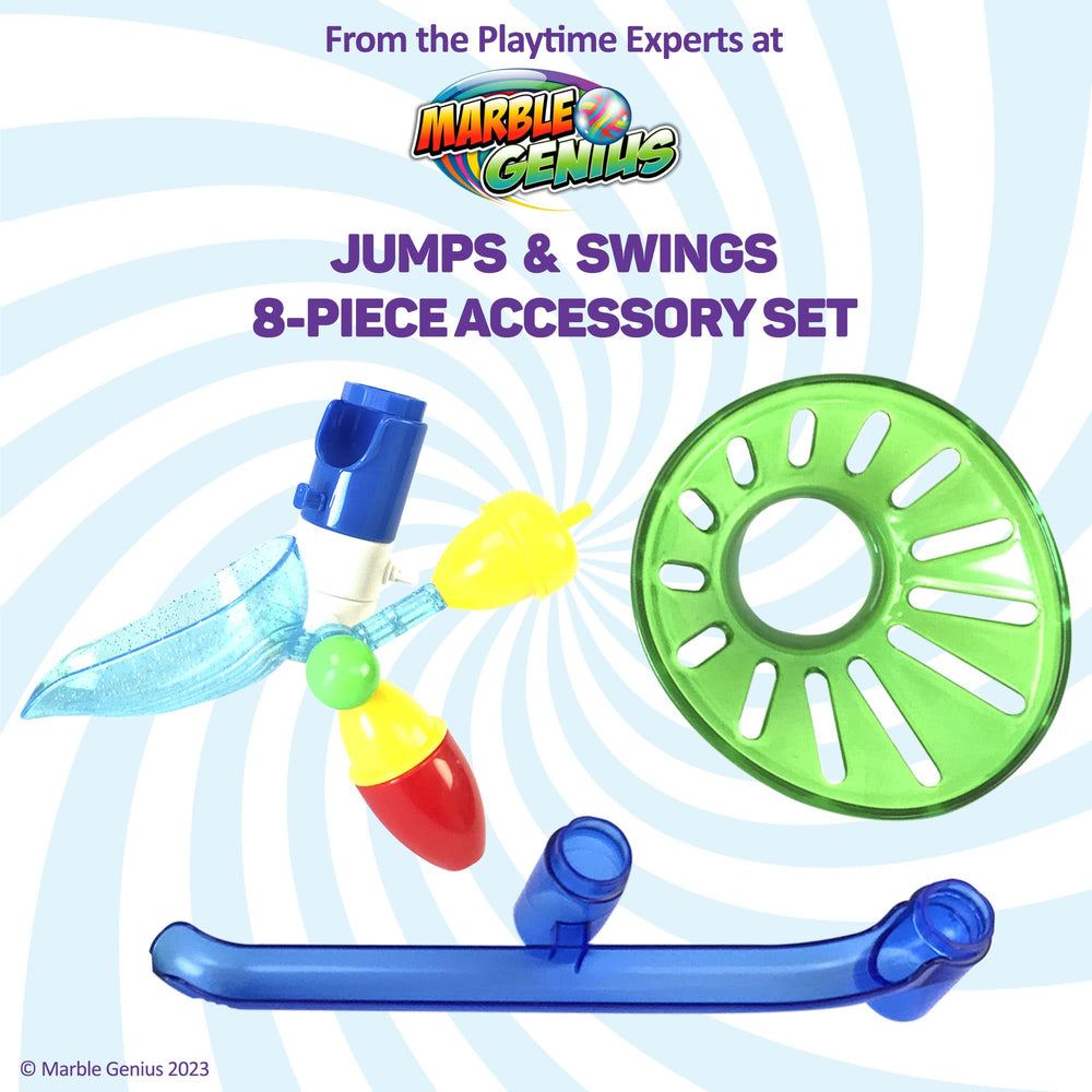 Marble Genius aerial swings lift marbles for exciting routes.