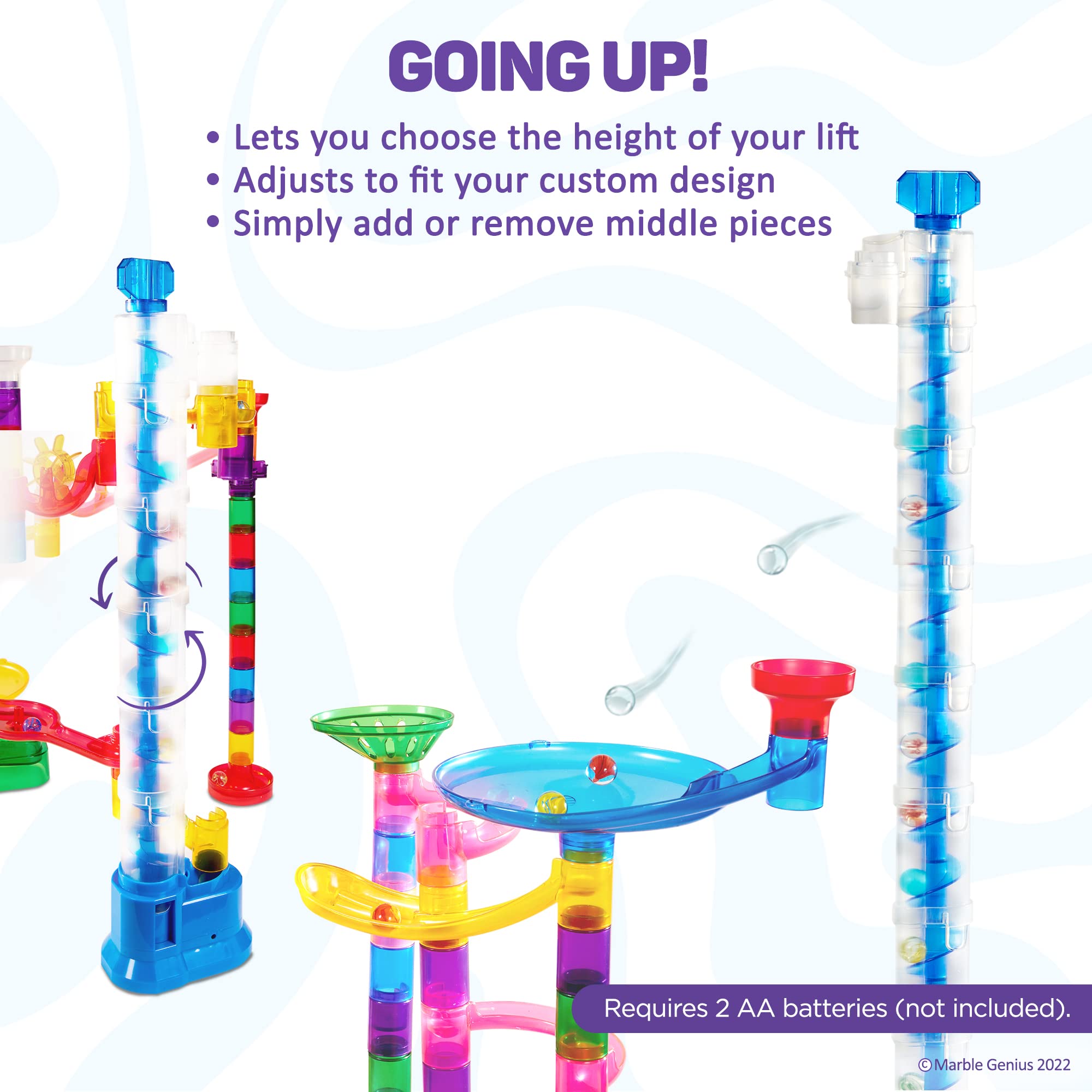 Marble Genius base with five tubes supports creative marble mazes.