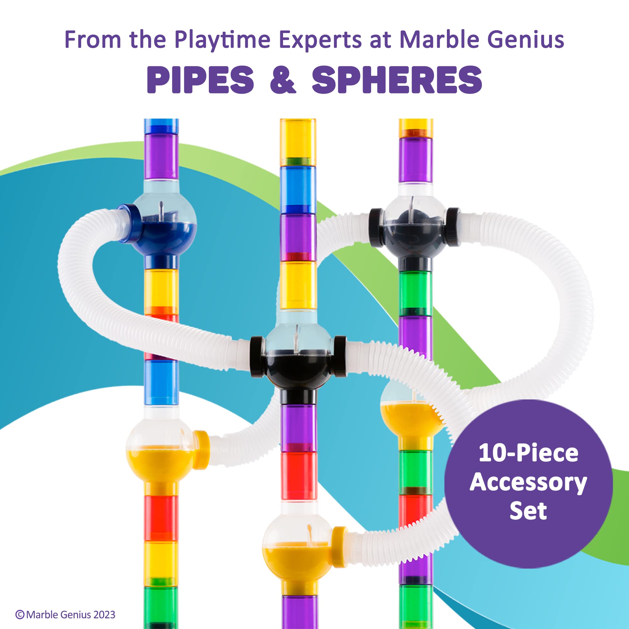 Marble Genius four pipes enable varied track elevations for dynamic play.