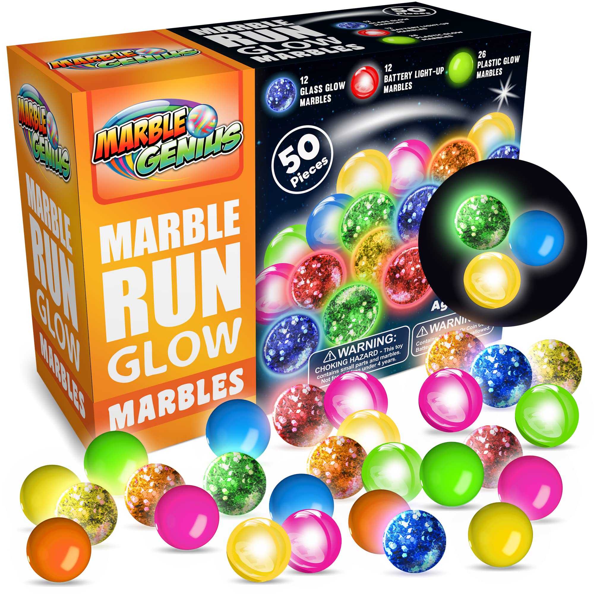 Marble Genius glow-in-the-dark marbles illuminate play on a colorful marble run