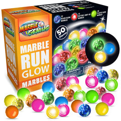 Marble Genius glow-in-the-dark marbles illuminate play on a colorful marble run