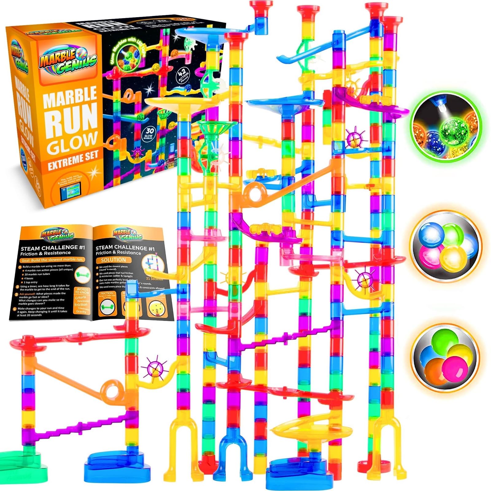 Marble Genius Glow Extreme Track with clear pieces for vivid action.
