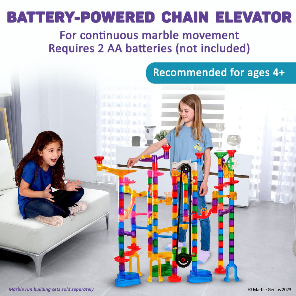 Marble Genius marble run elevator lifting marbles toward the top for dramatic starts