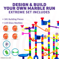 Marble Genius Marble Run Extreme Set glass marbles mid-roll for tactile play