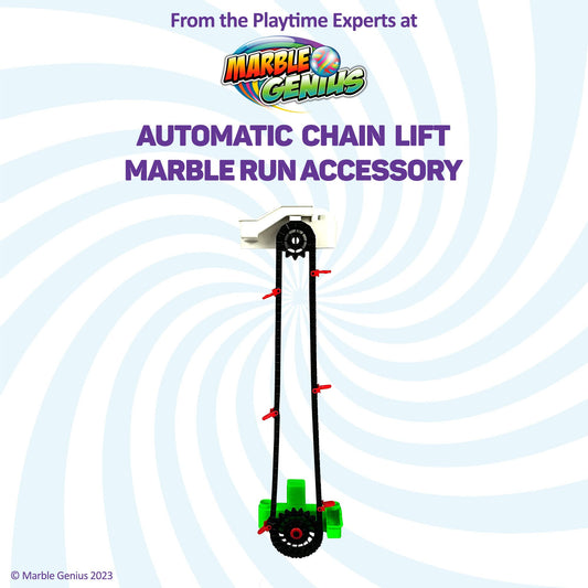 Close view of Marble Genius multi-lift track enabling complex mazes and dynamic marble races