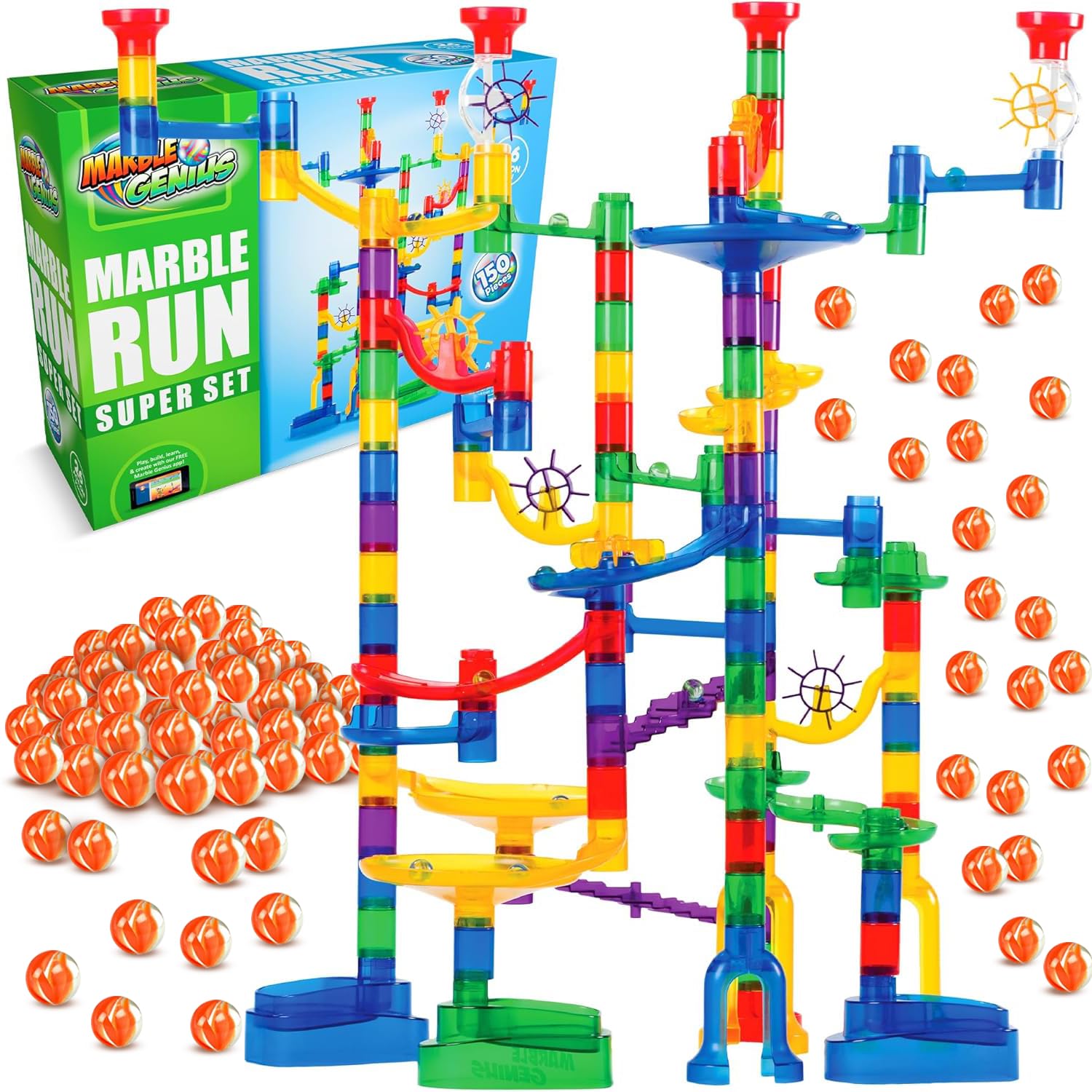 Marble Genius translucent track pieces showcase vibrant track construction for STEM play.