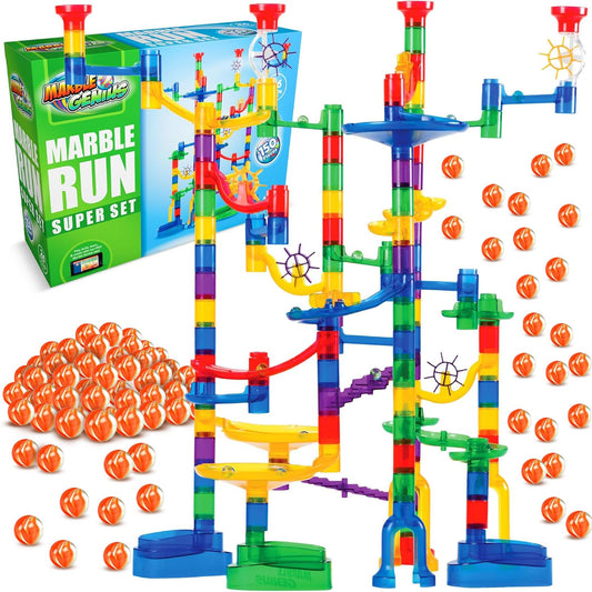 Marble Genius translucent track pieces showcase vibrant track construction for STEM play.
