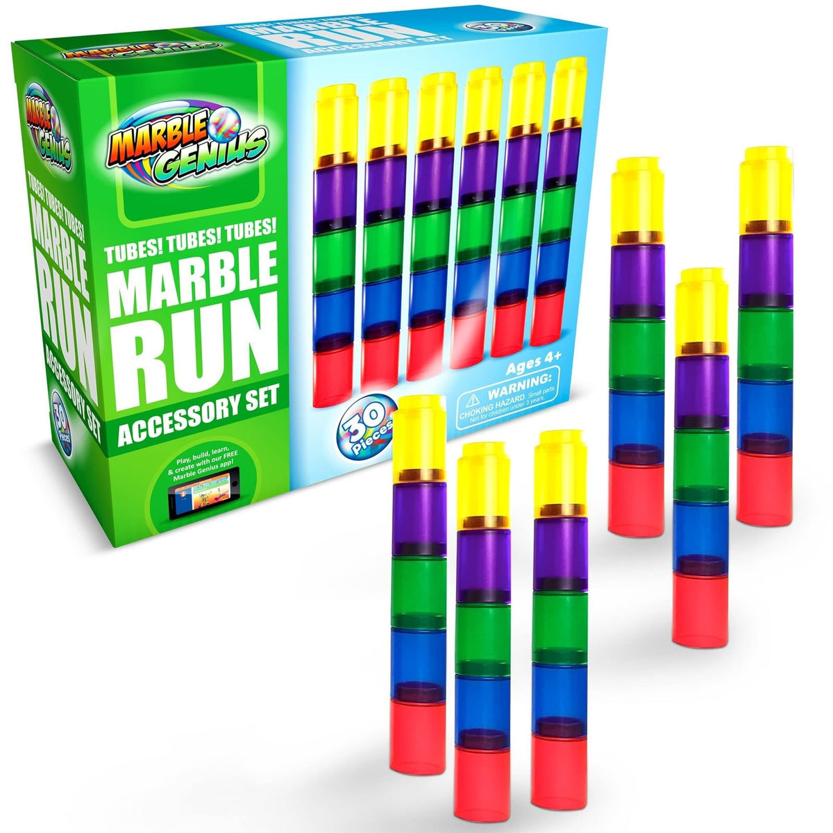 Marble Genius tubes 30pcs: transparent tracks for easy observation and experimentation