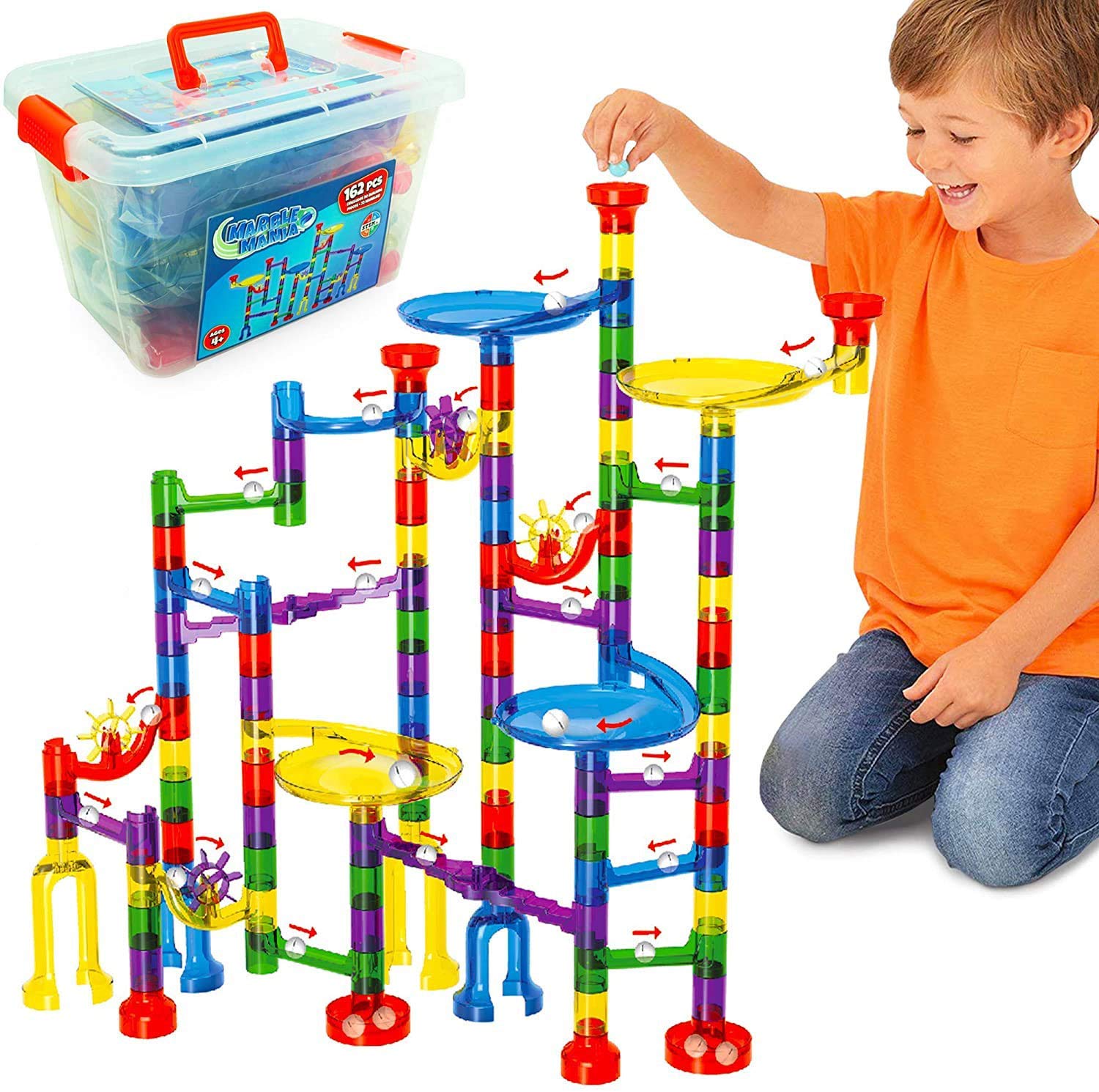 Marble Mania storage tub keeps all pieces organized after play.