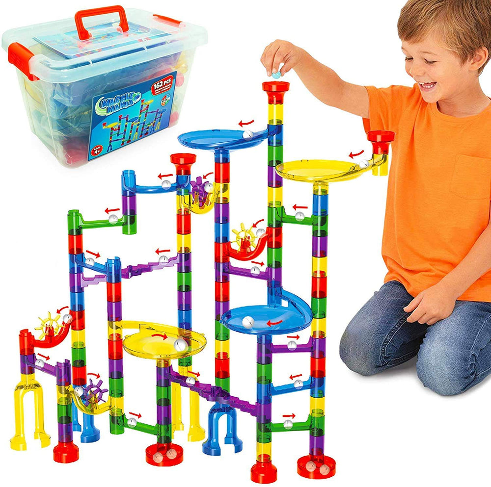 Marble Mania storage tub keeps all pieces organized after play.