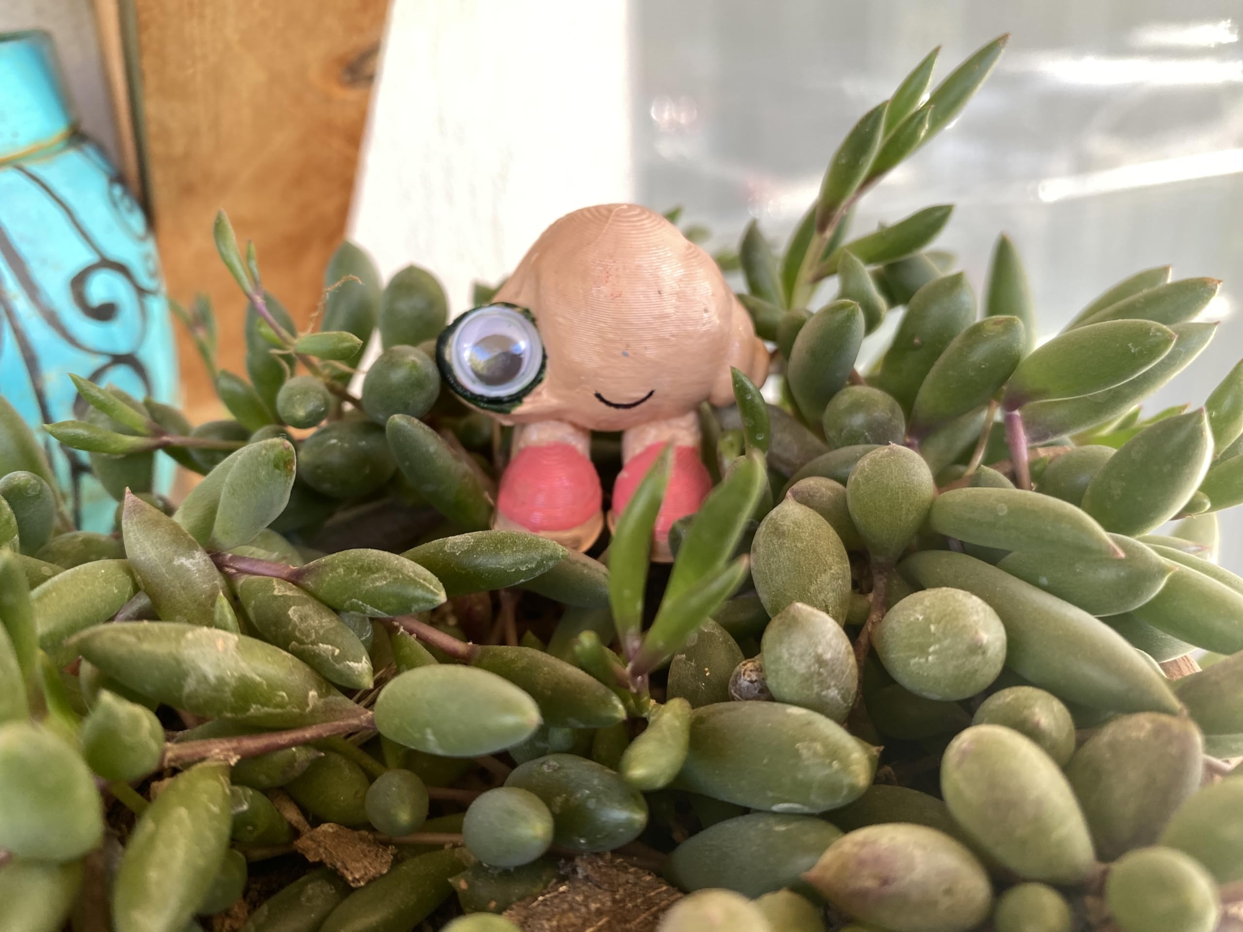 Marcel the Shell with Shoes On life-size figure placed on a desk for whimsical workspace display.