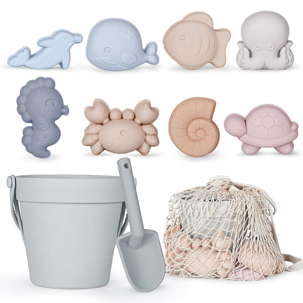 MarcZero silicone beach toys bucket in gray, soft for sandy sculpting and travel