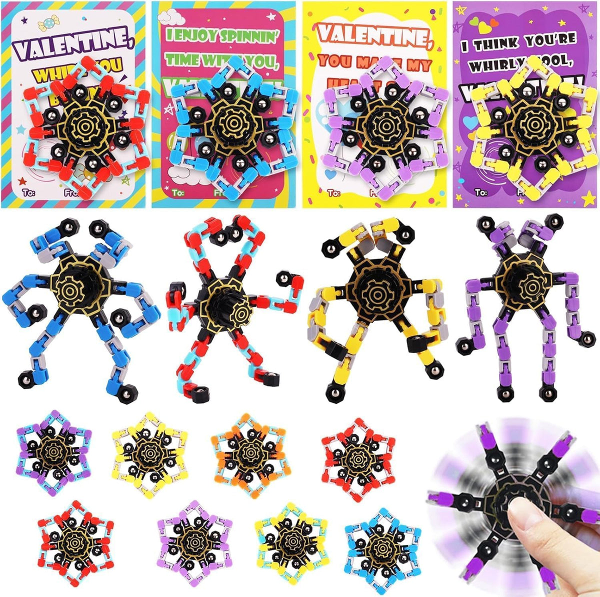 Marleysio transformable fidget spinner 24-pack in four colors for classroom fun and focus.