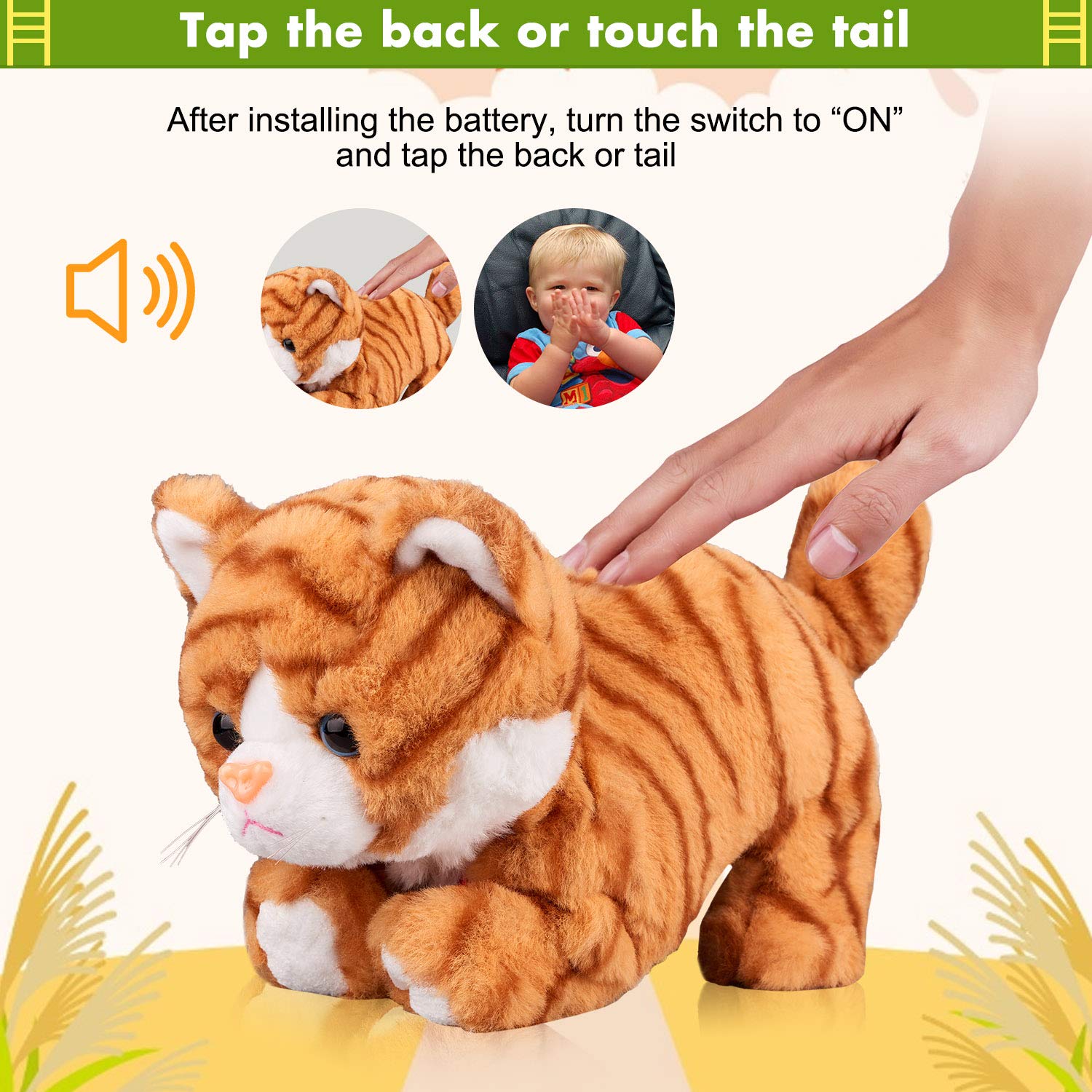 Marsjoy Pattern Yellow Plush Cat touch-control interaction with tail cue.