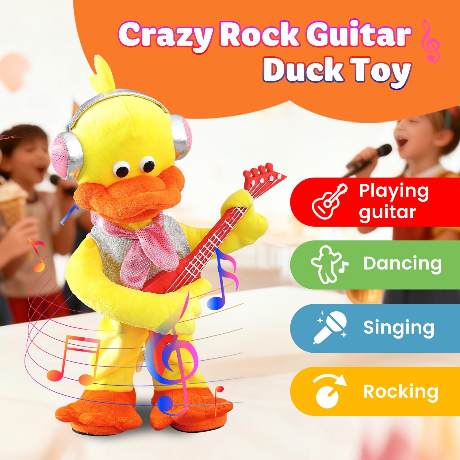Marsjoy singing duck plush toy performing while kids listen.