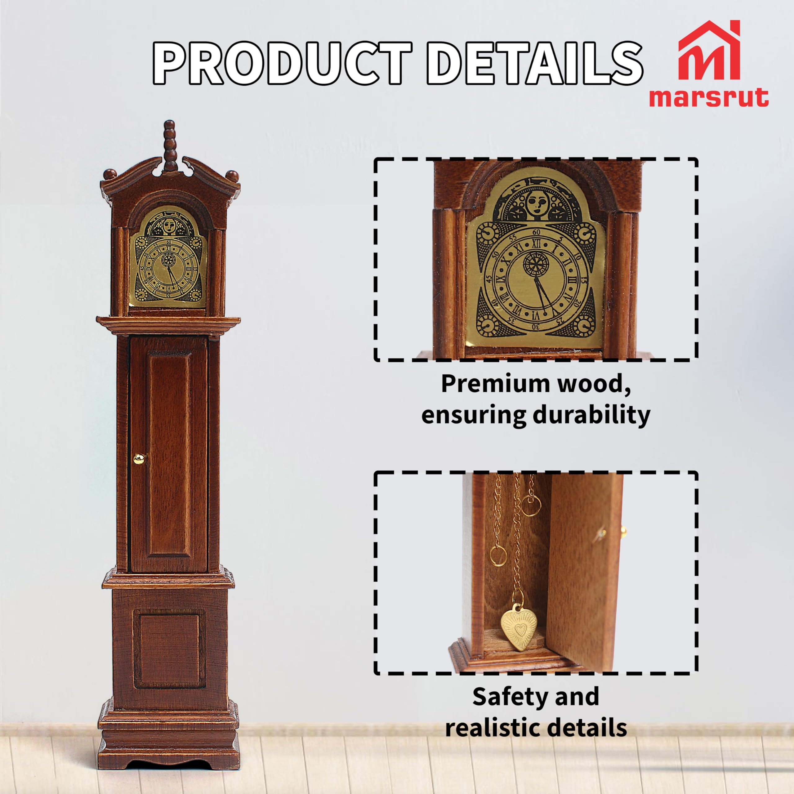 Marsrut miniature wooden grandfather clock set complements 1:12 interiors.