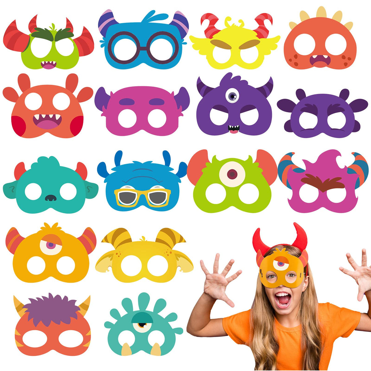 Marsui unicorn-monster safari face mask set for kids with 32 party-ready designs.