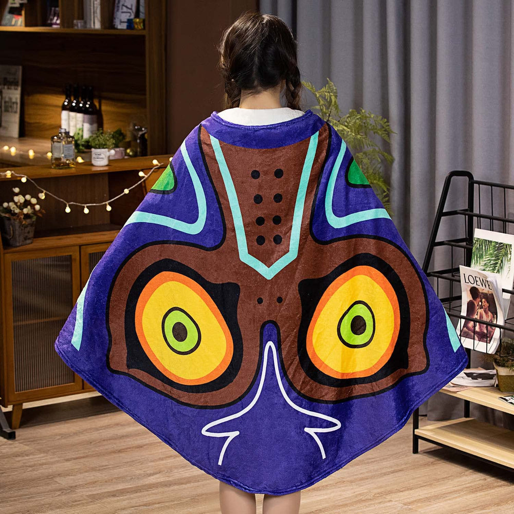 MARUKQW Zelda plush glider blanket cloak in dark blue worn at side view