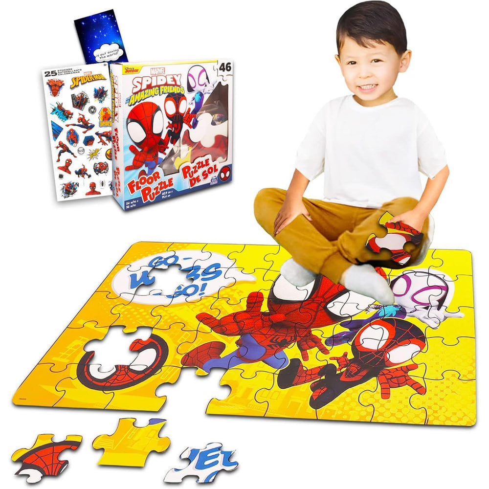 Marvel Amazing Spiderman floor puzzle features Spider-Man swinging through webs for family fun.