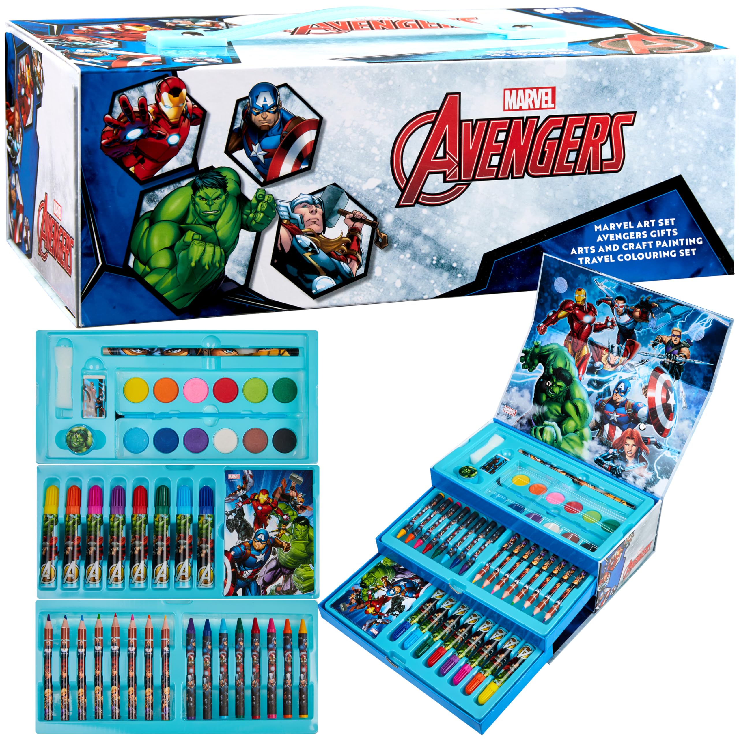 Marvel Art Case for Kids featuring Avengers on the cover, ideal for on-the-go creative play.