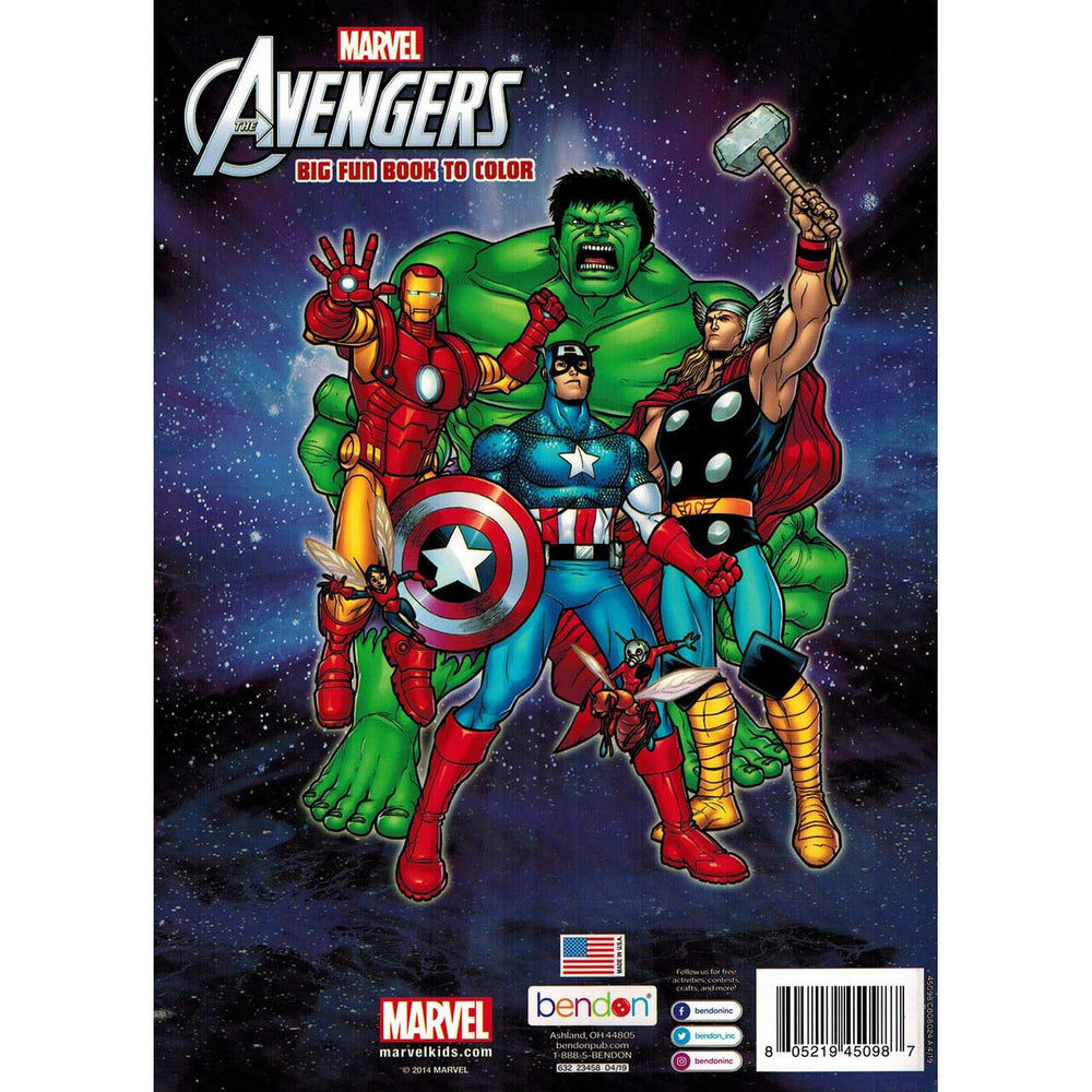 Marvel Avengers Big Fun Book to Color interior pages feature hero scenes for color practice and motor skills.