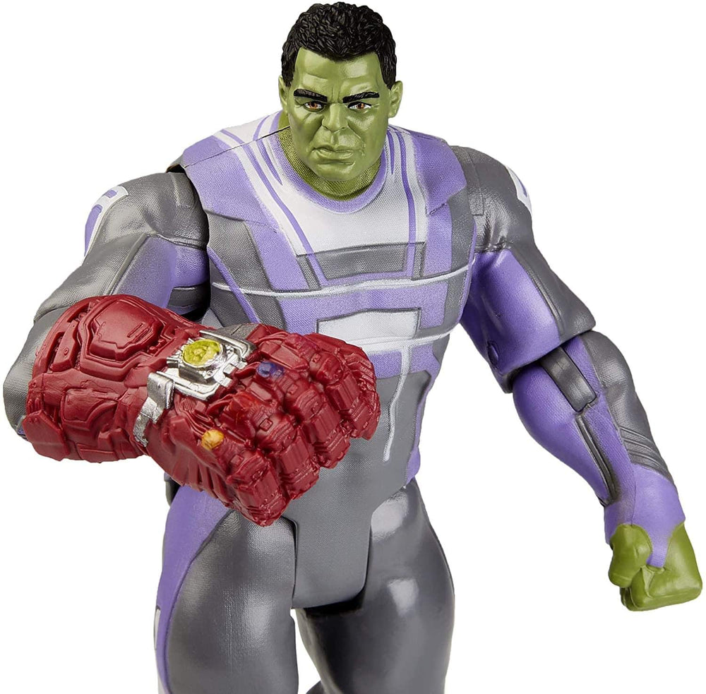 Marvel Avengers Endgame Hulk Deluxe figure, packaging and stand for display.