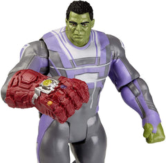 Marvel Avengers Endgame Hulk Deluxe figure, packaging and stand for display.
