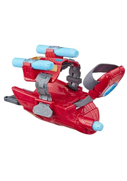 Marvel Avengers Iron Man gauntlet close-up shows a Nerf dart launcher for pretend battles.