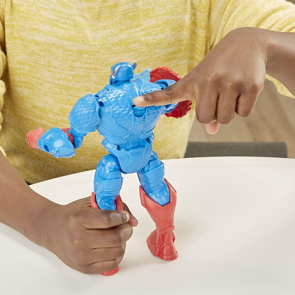 Back-switch reveals hidden cannons on Marvel Mech Strike Captain America figure.