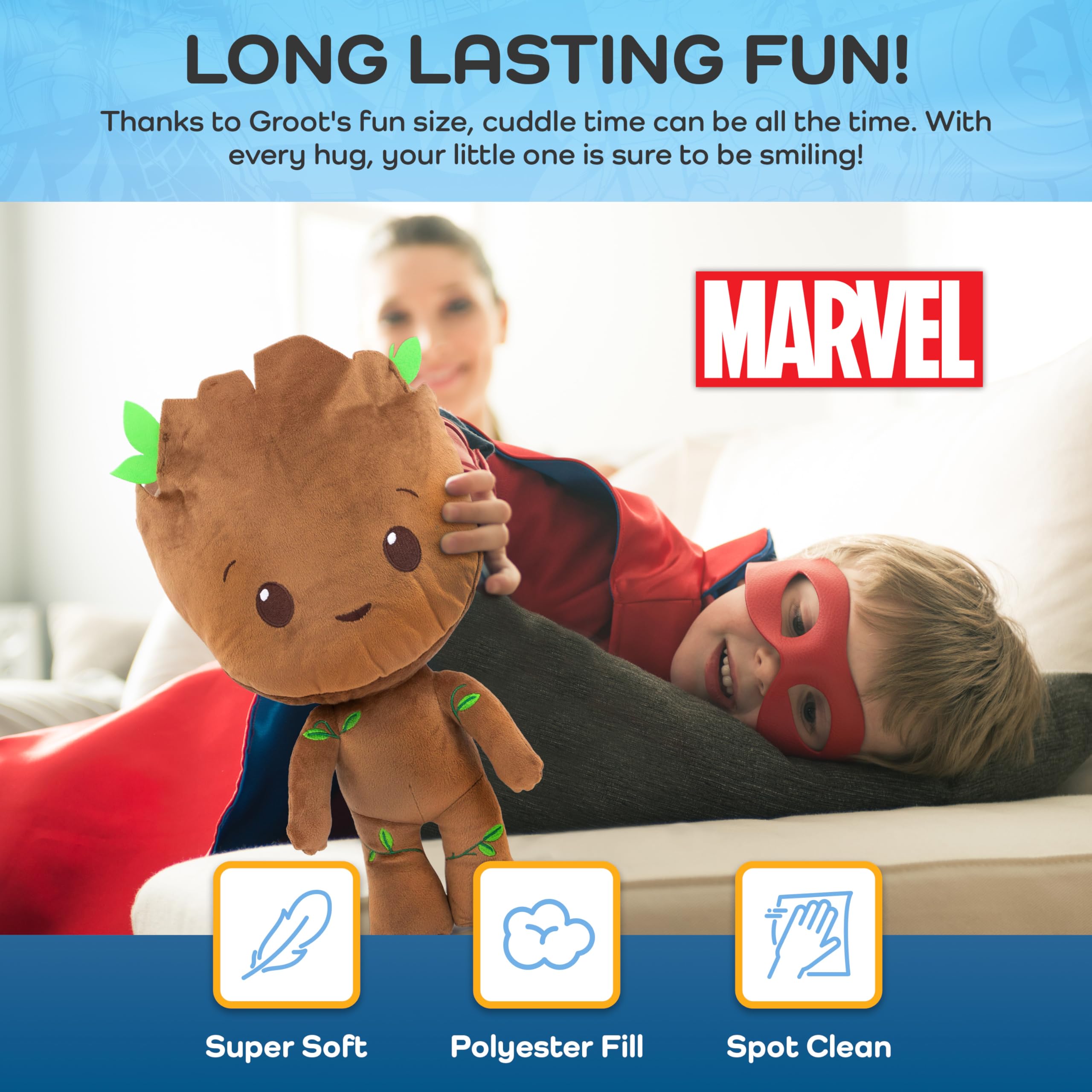 Marvel Groot stuffed pillow buddy in a bedtime scene for cozy nighttime comfort.