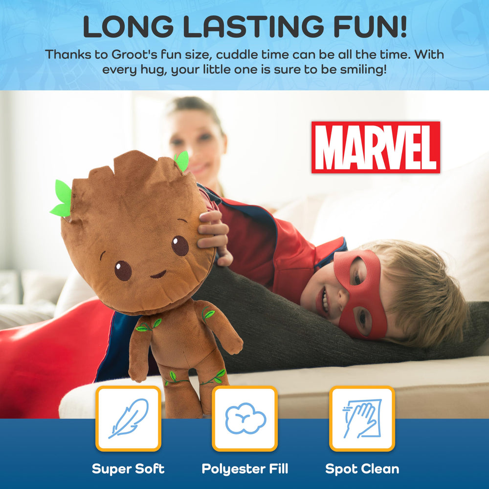 Marvel Groot stuffed pillow buddy in a bedtime scene for cozy nighttime comfort.