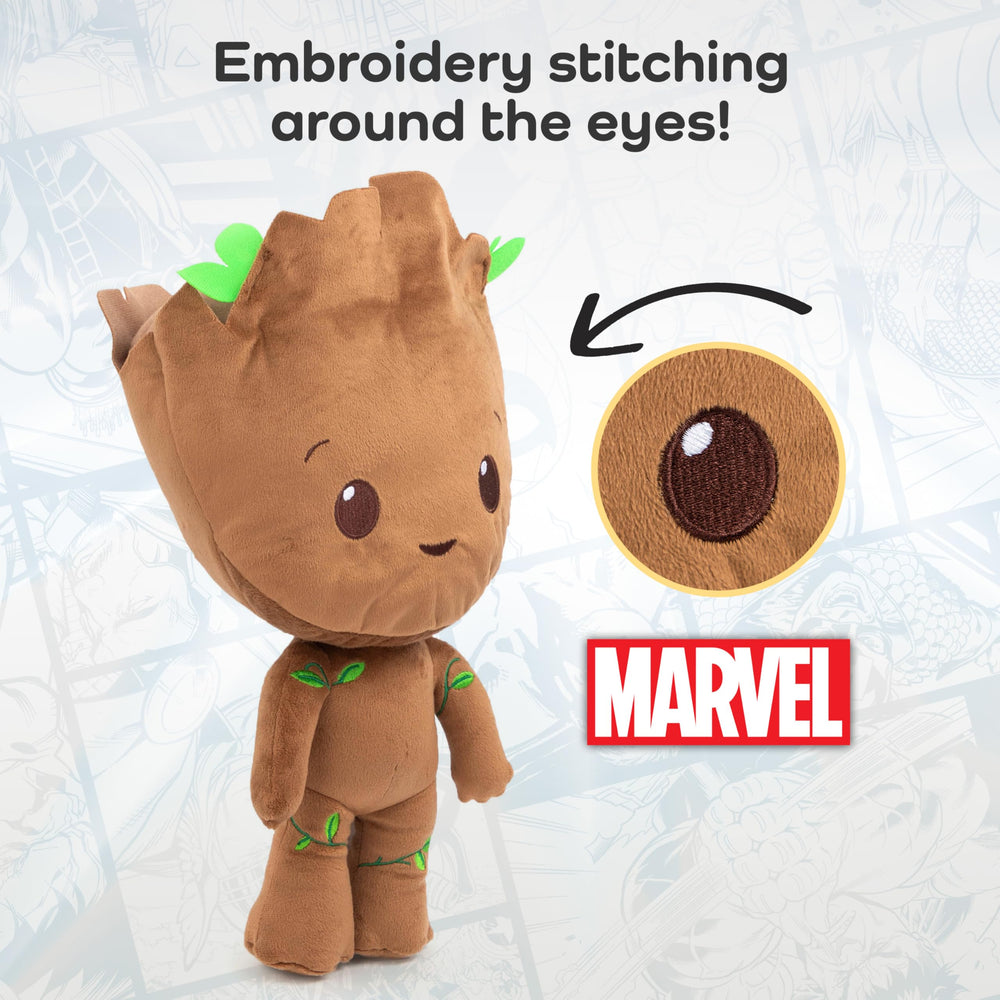 Marvel Groot stuffed pillow buddy in car demonstrates travel-friendly comfort.